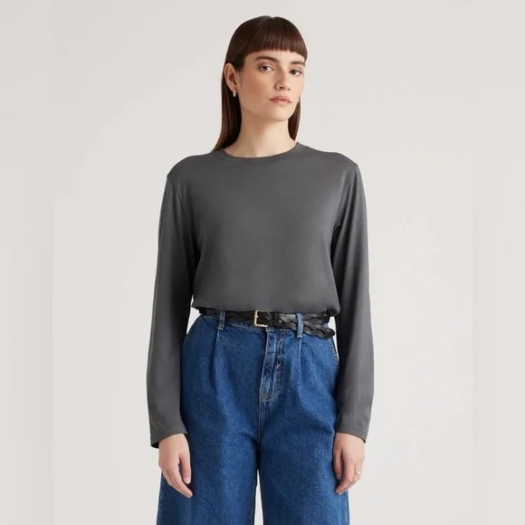 Quince Cotton Classic Gray Women's Long Sleeve Top - Picture 1 of 5